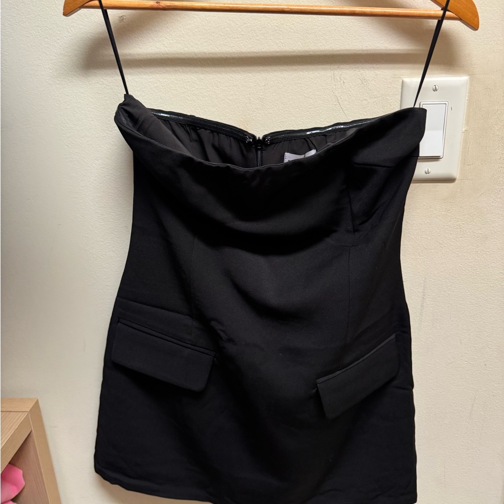 superdown Black Strapless Mini Dress with Zip Detail